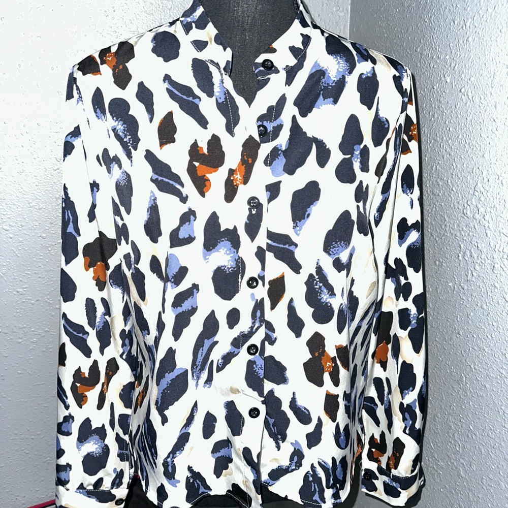 Fashion Nova White Button-Down Shirt with Black, Blue & Rust Spots